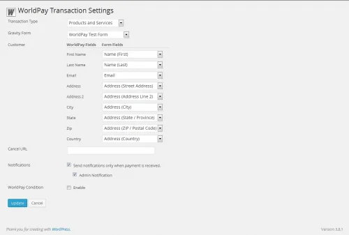 GFWorldPayFeedSettingsPage WorldPay Business Gateway 350 Gateway for Gravity Forms