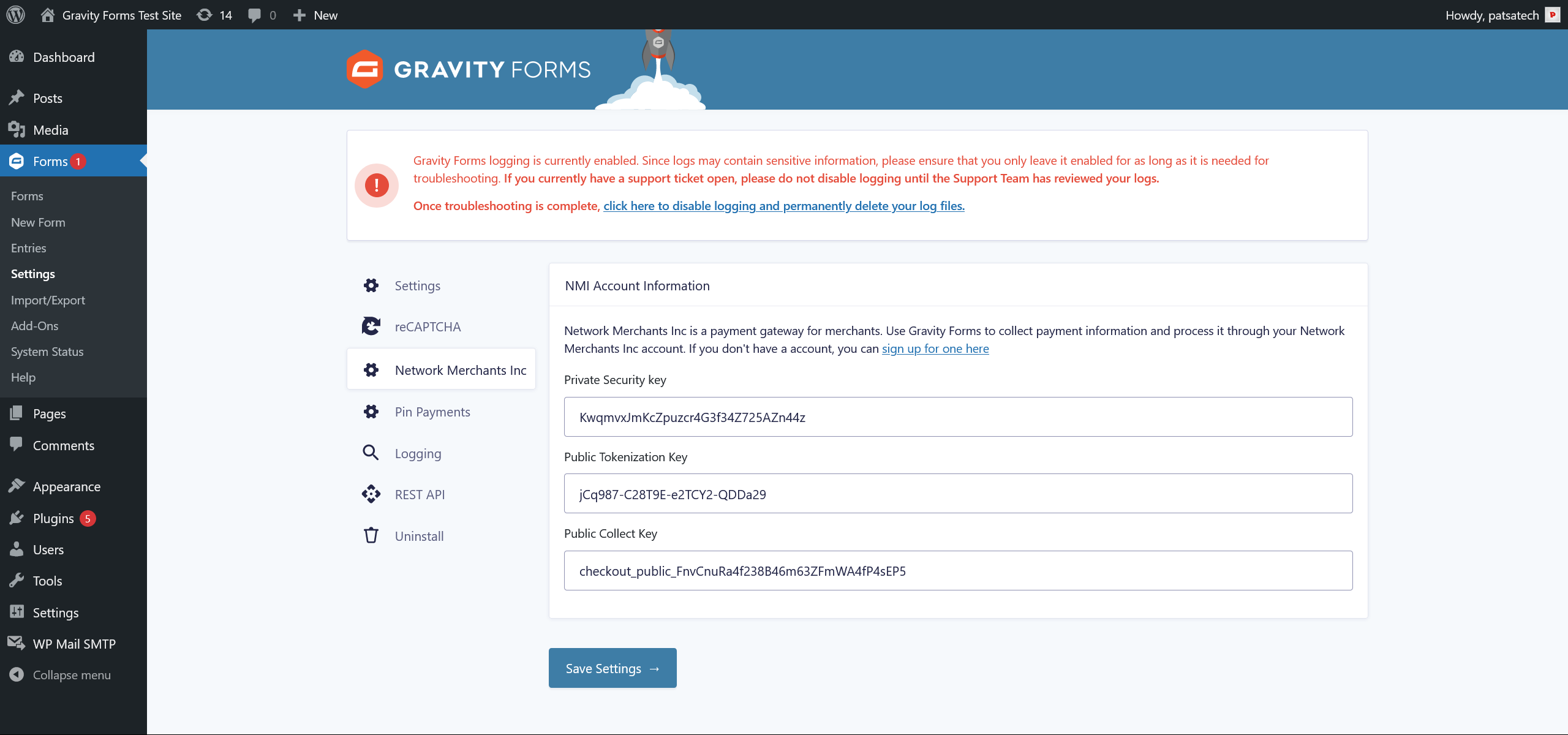 Gravity Forms Network Merchants Inc Settings Page