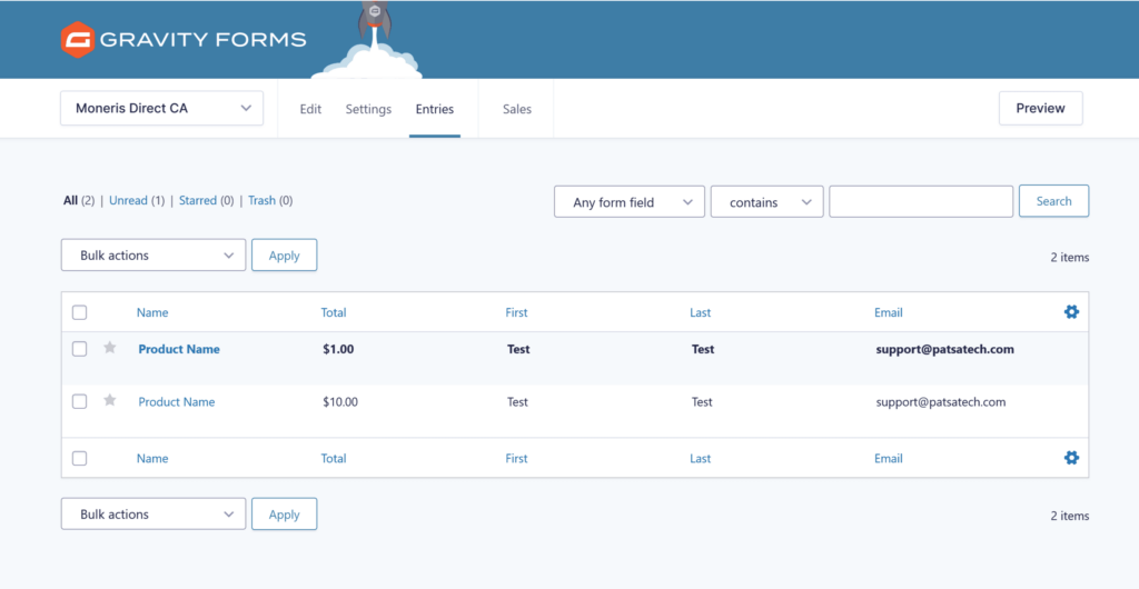 GFMonerisDirectCAEntriesPage Moneris Direct CA Payment Gateway for Gravity Forms