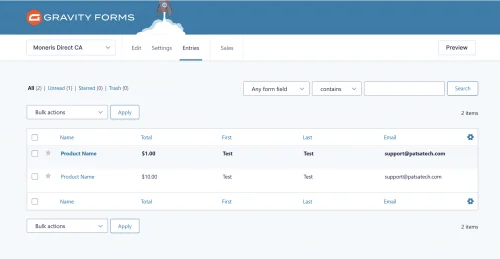 GFMonerisDirectCAEntriesPage Moneris Direct CA Payment Gateway for Gravity Forms