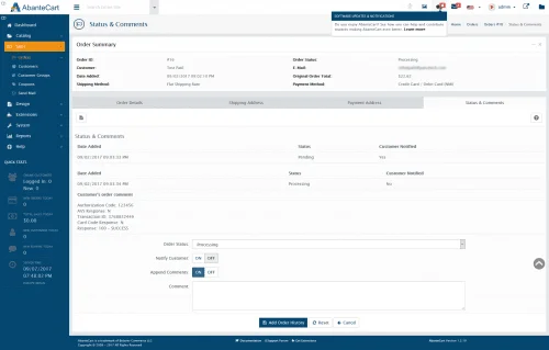 AbanteCart NMI Status and Comments Page Network Merchants Inc Gateway for AbanteCart