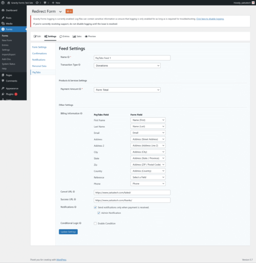 GFPayTabsFeedSettings PatSaTECH
