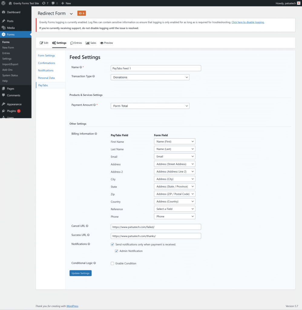 GFPayTabsFeedSettings PayTabs Gateway for Gravity Forms