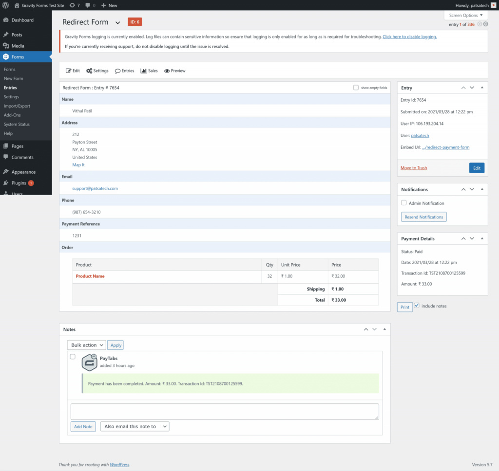 GFPayTabsOrderDetails PayTabs Gateway for Gravity Forms