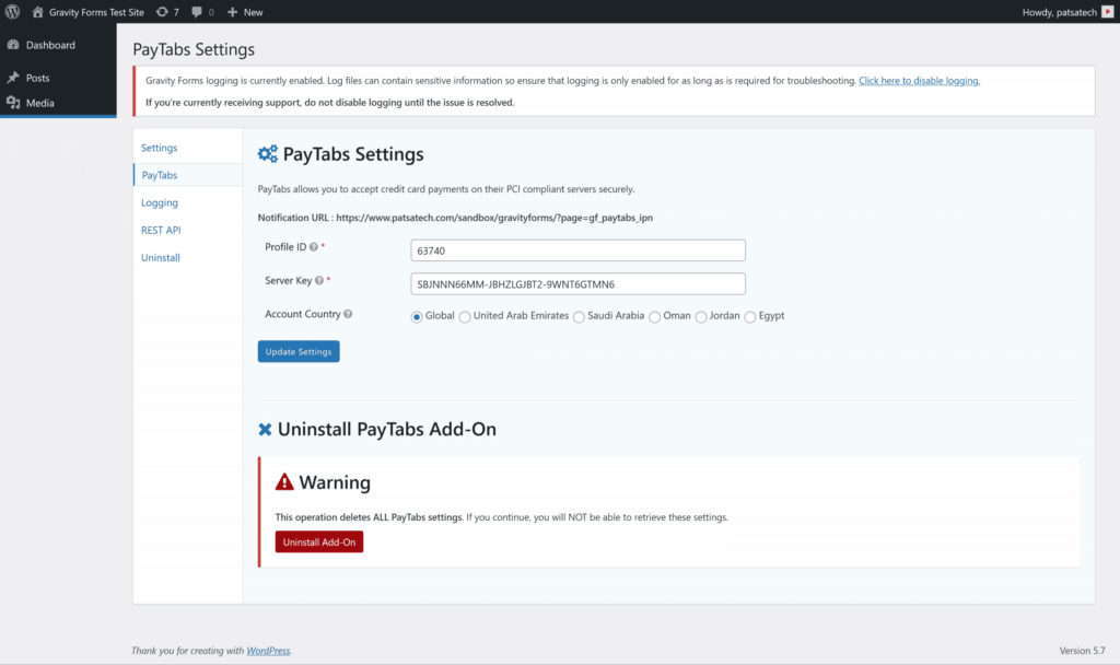 GFPayTabsSettingsPage PayTabs Gateway for Gravity Forms