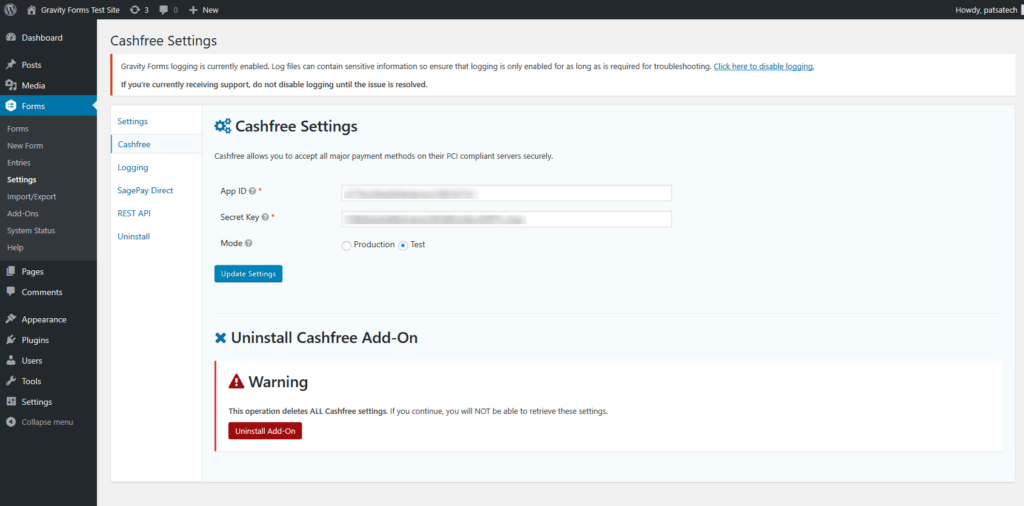 GFCashfreeSettingsPage Cashfree Gateway for Gravity Forms