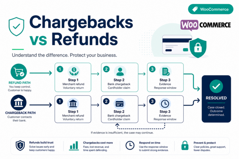 Featured image: Chargebacks vs refunds on WooCommerce: liability, timing, and what to log