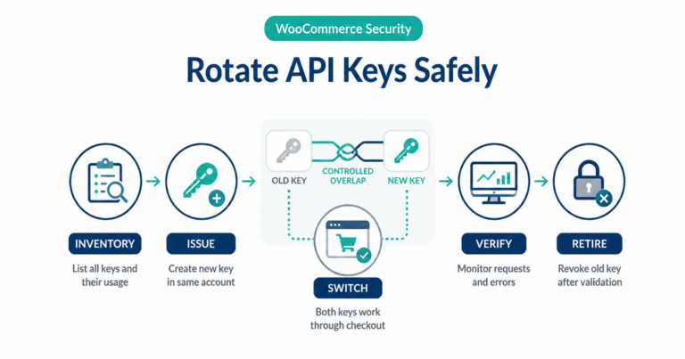 WooCommerce payment API key rotation flow from credential inventory through cutover, verification, and old-key retirement.