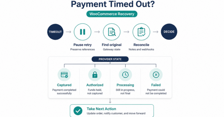 WooCommerce payment-timeout flow that pauses retry, checks the original gateway payment, reconciles webhooks, and chooses the next action.