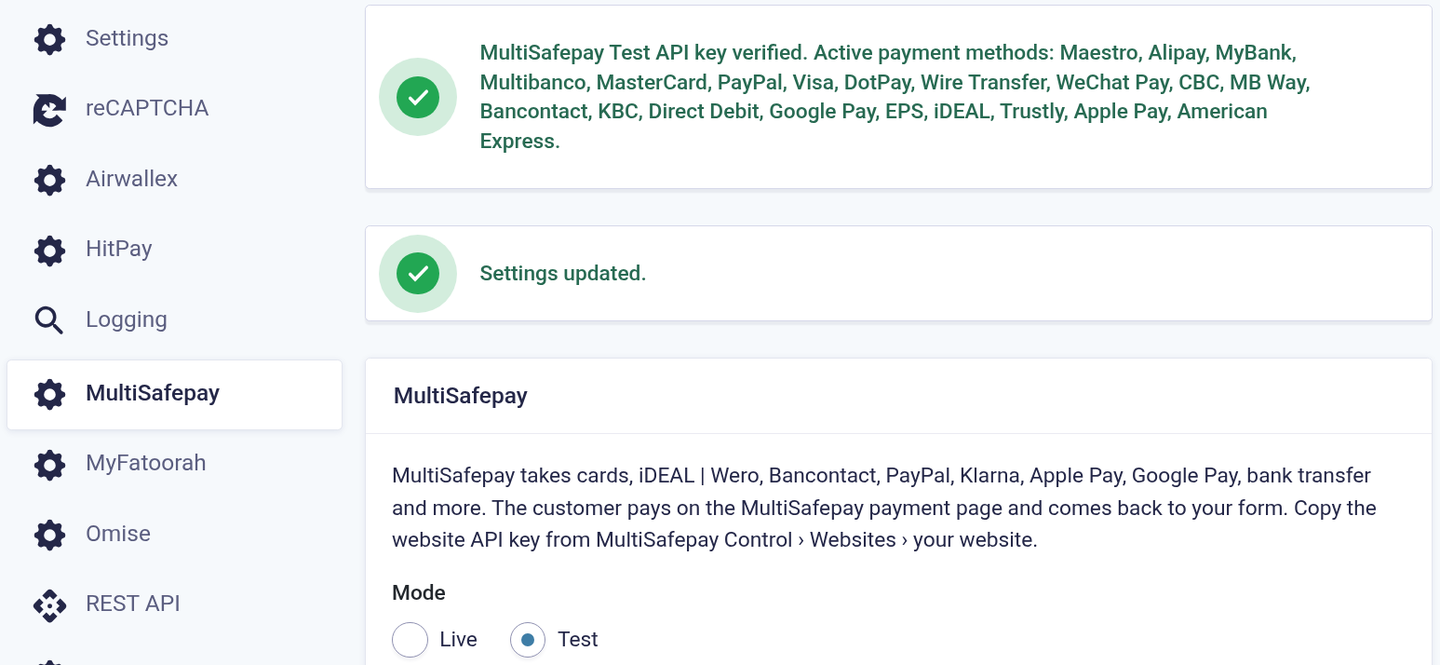 MultiSafepay add-on settings