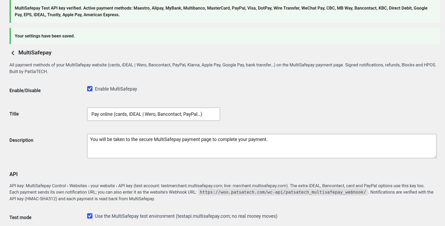 MultiSafepay settings