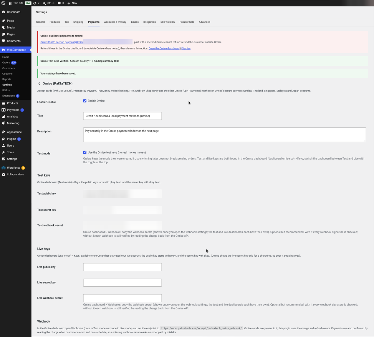 Omise settings