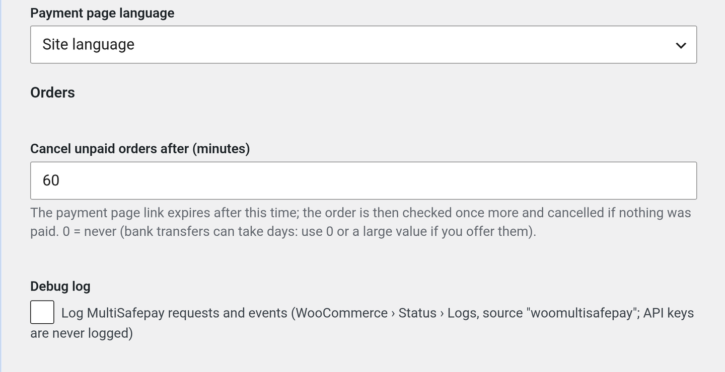 MultiSafepay settings (bottom)