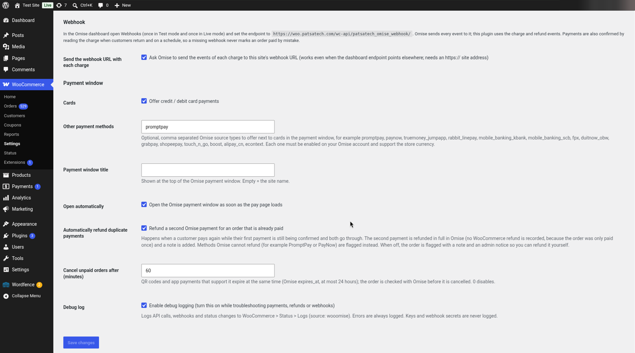 Omise payment window settings