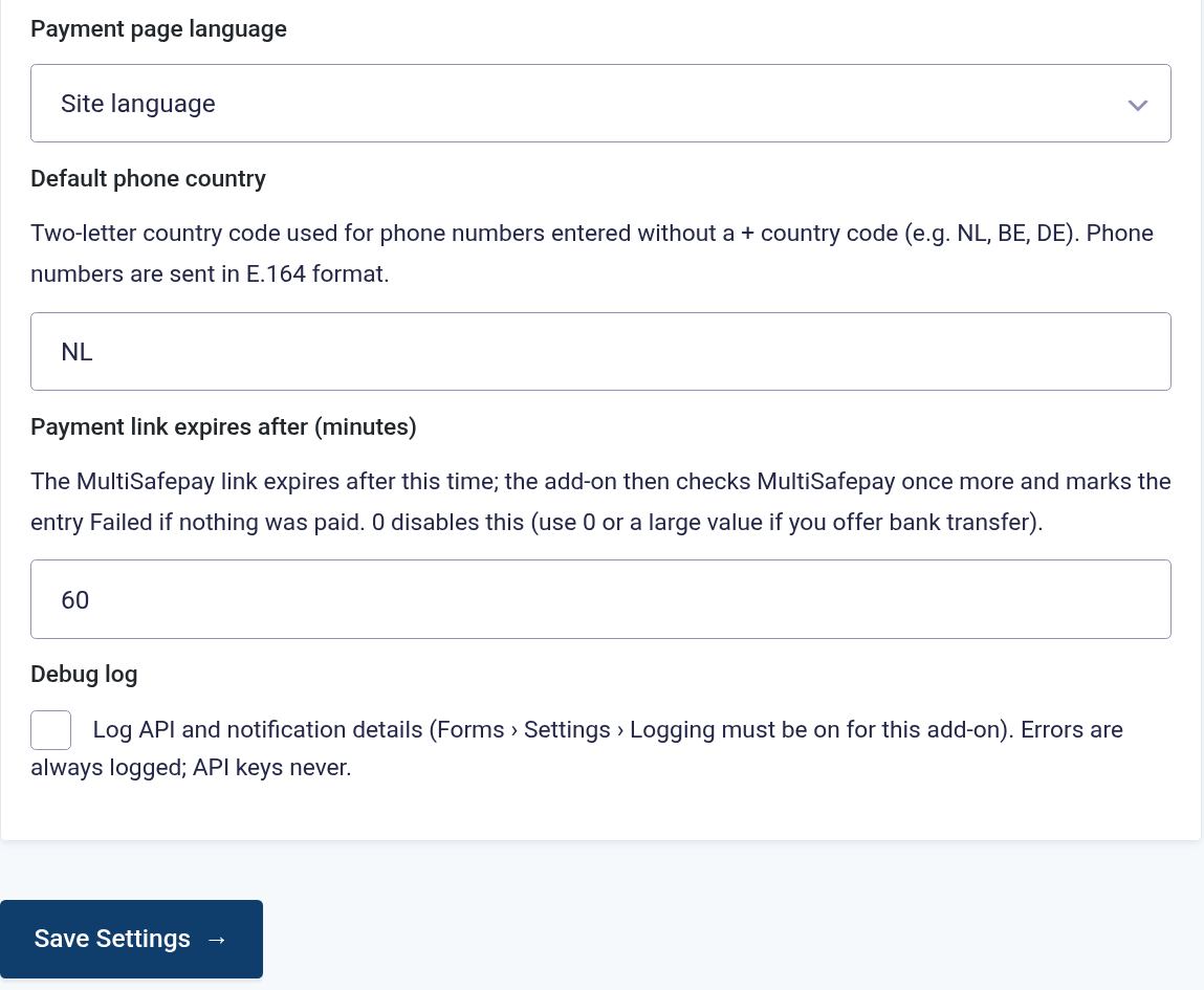 MultiSafepay add-on settings (bottom)