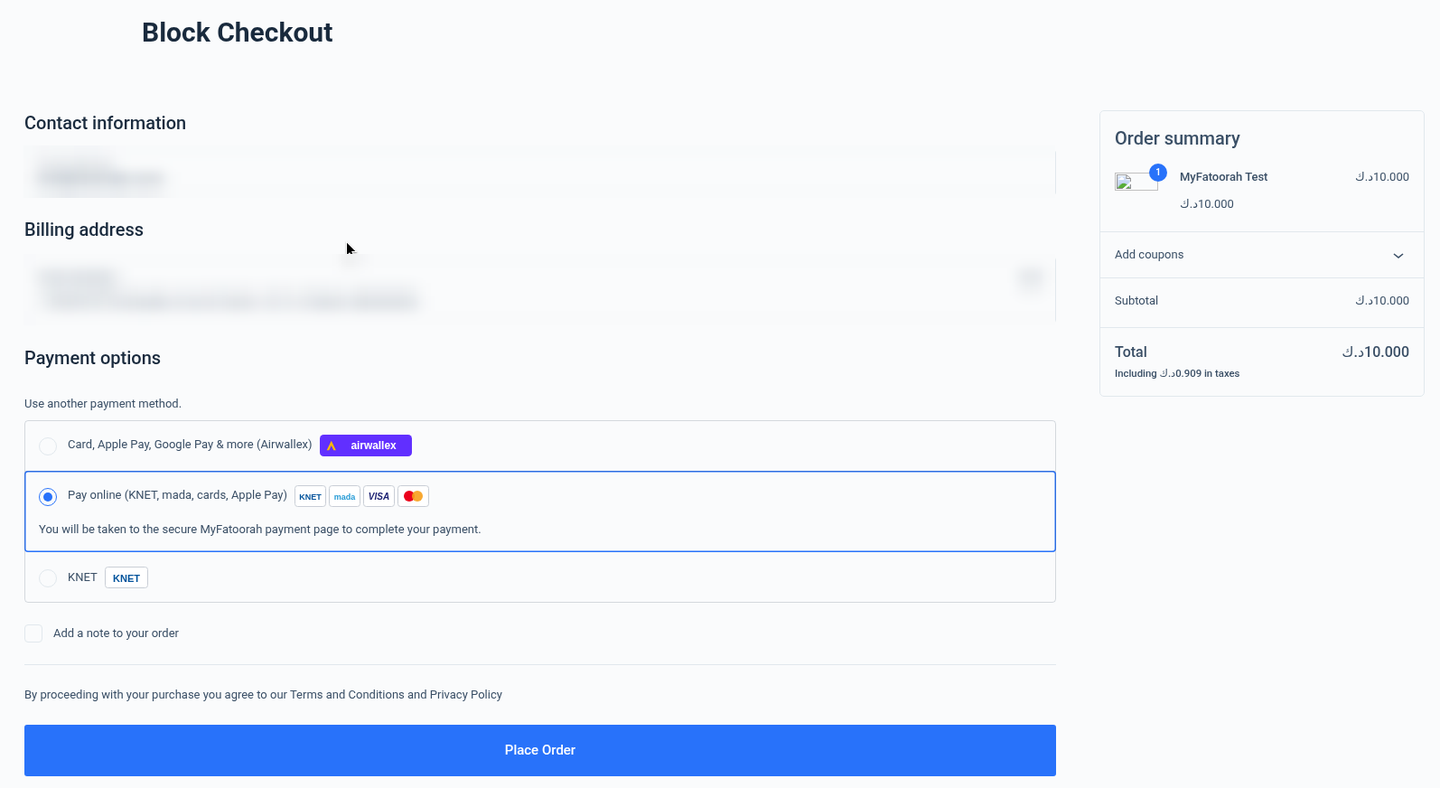 Blocks checkout with MyFatoorah