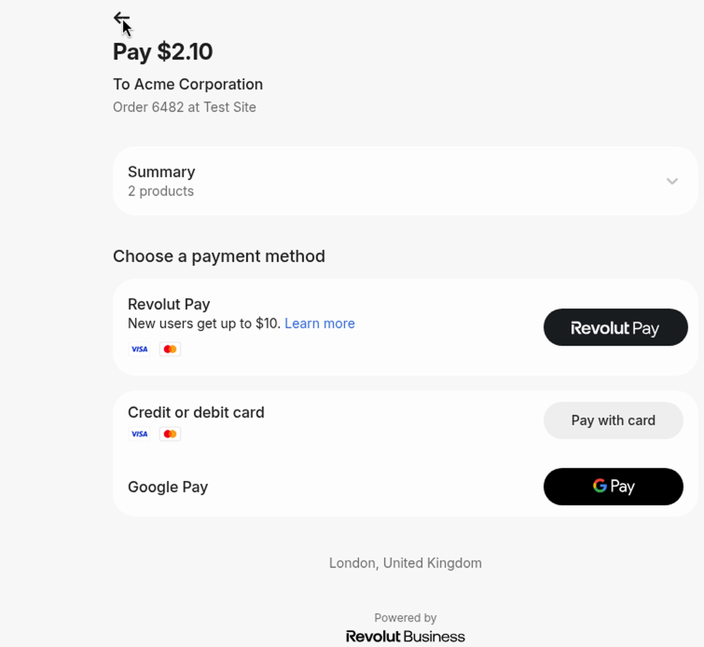 Revolut Hosted Checkout Page