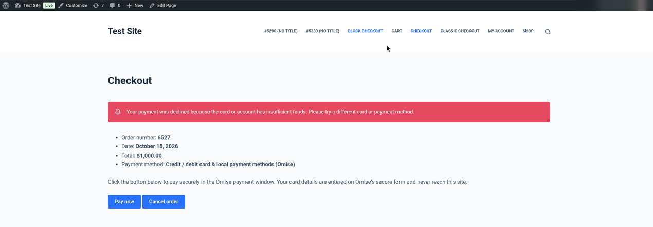Declined card on the pay page
