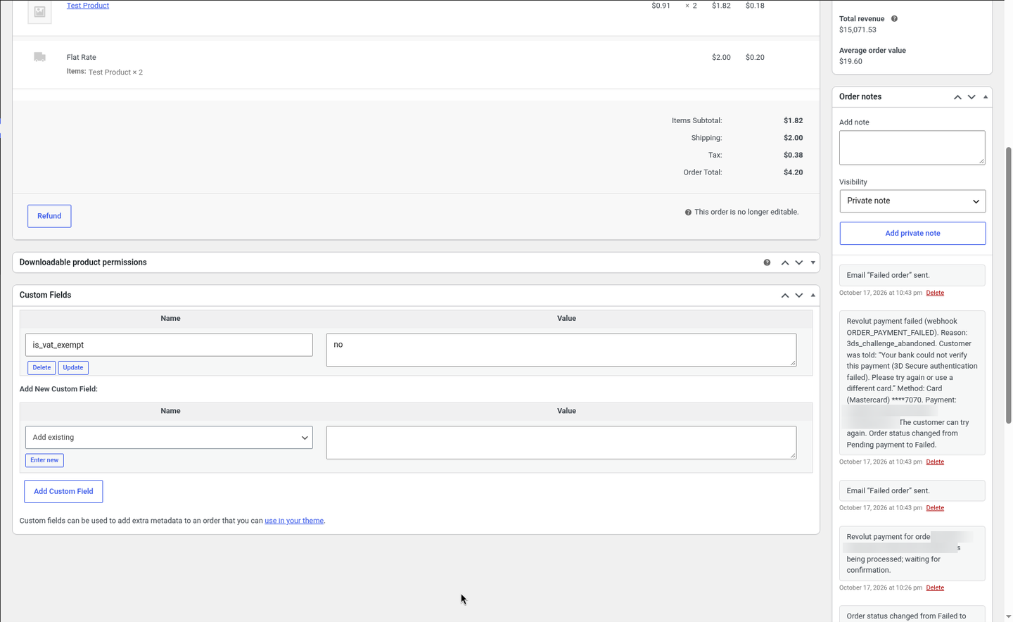 Declined payment order note