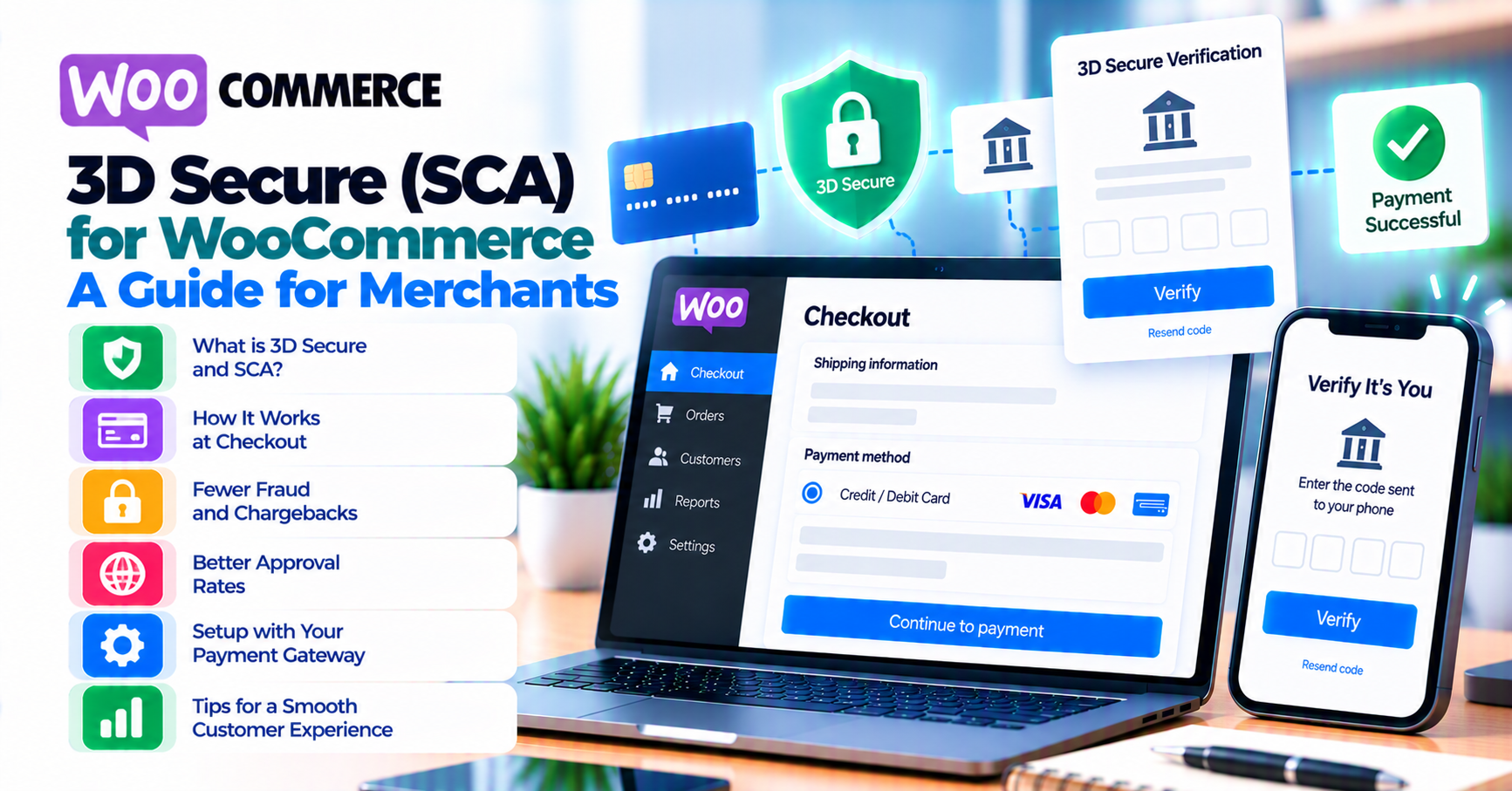 3-D Secure and SCA for WooCommerce merchants: checkout friction vs fraud prevention — WooCommerce payment infographic