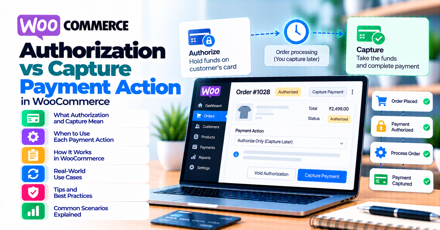 Authorization vs capture on WooCommerce: holds, payment action, and settlement — WooCommerce payment infographic