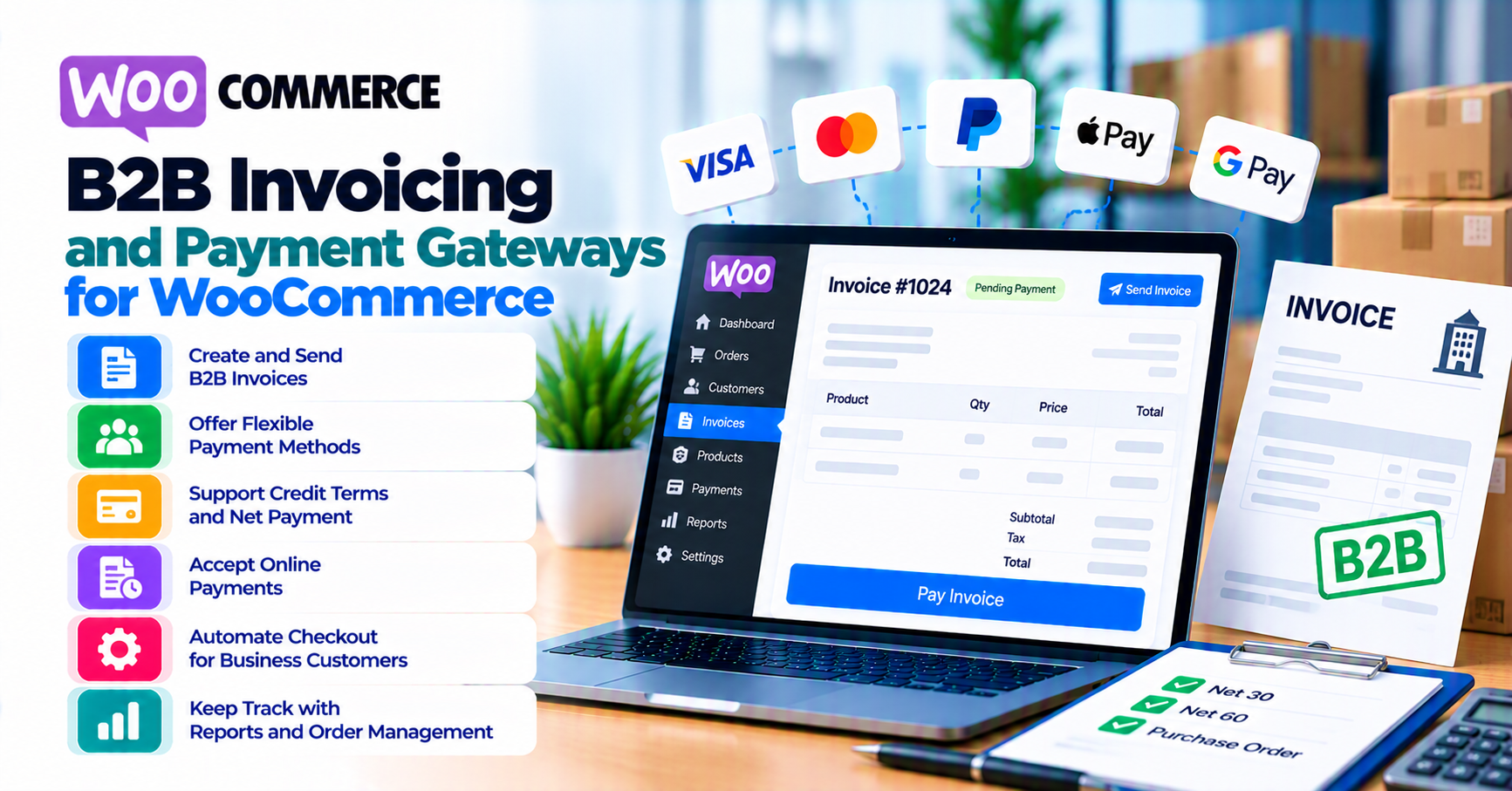 B2B payments on WooCommerce: invoicing, POs, and card gateways — WooCommerce payment infographic
