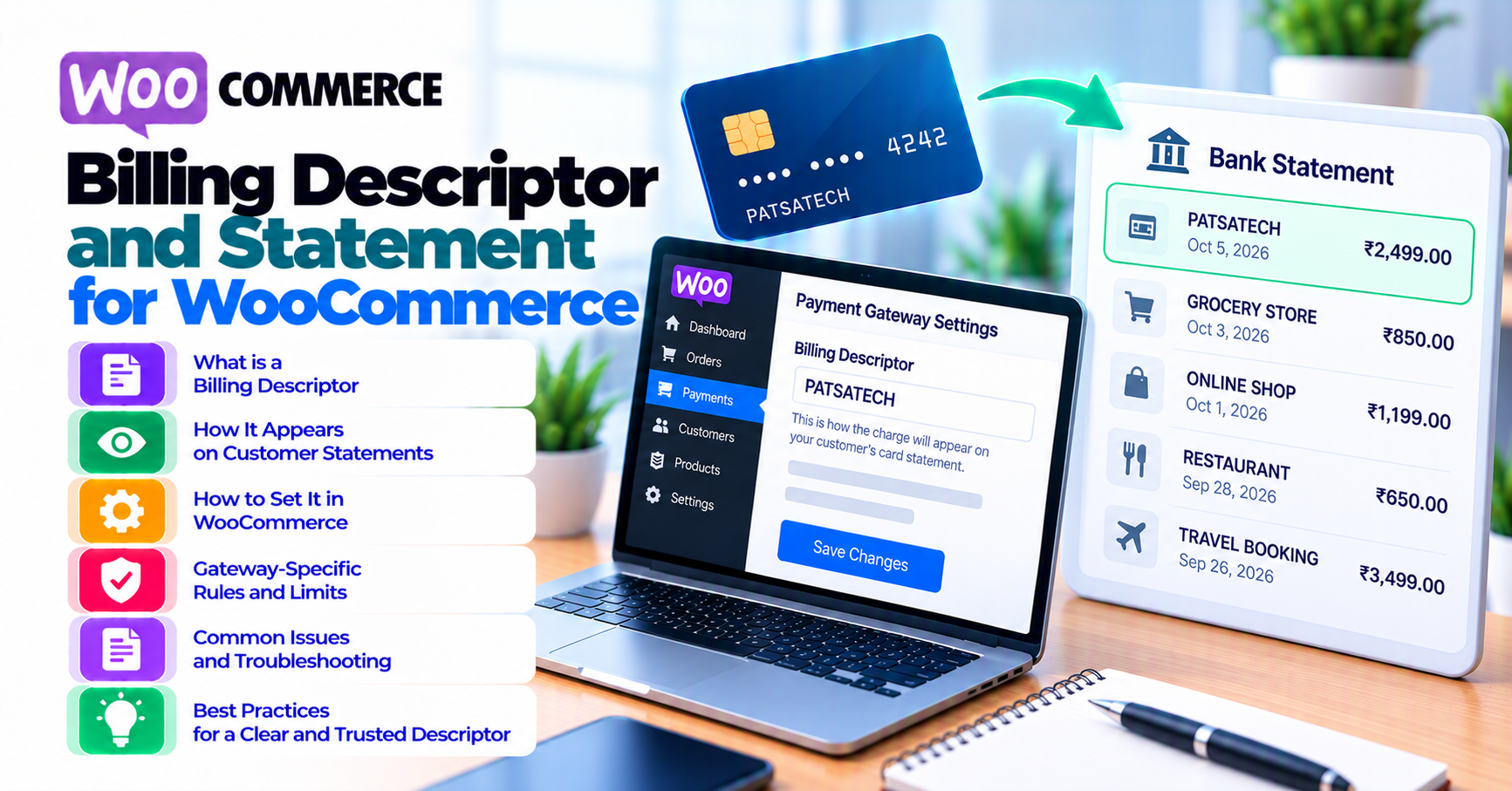 Billing descriptors on WooCommerce: match your brand to what customers see on statements — WooCommerce payment infographic