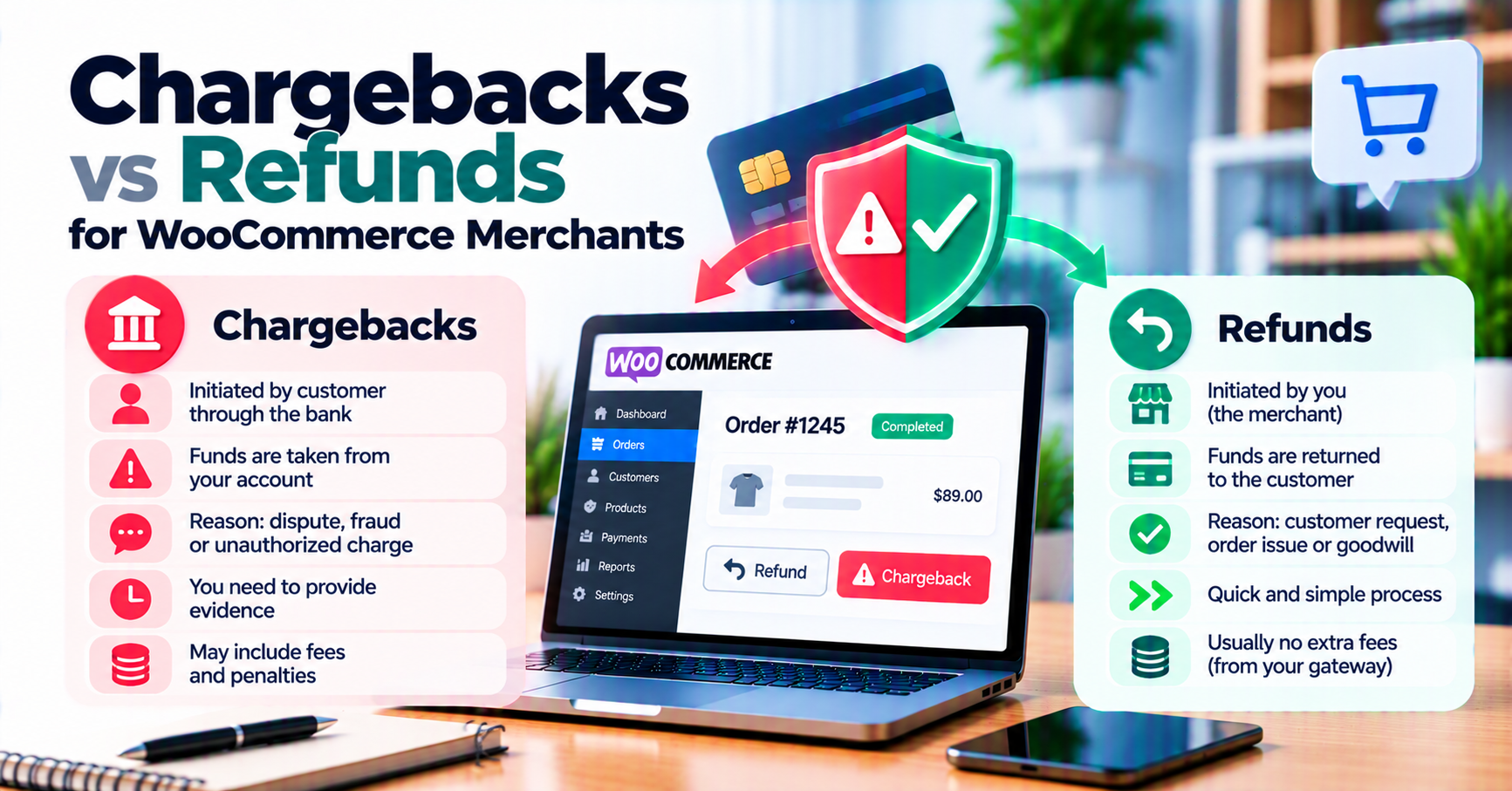 Chargebacks vs refunds on WooCommerce: liability, timing, and what to log — WooCommerce payment infographic