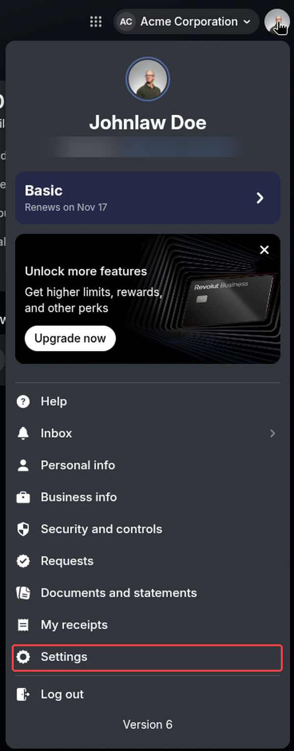 Revolut Business avatar menu with Settings