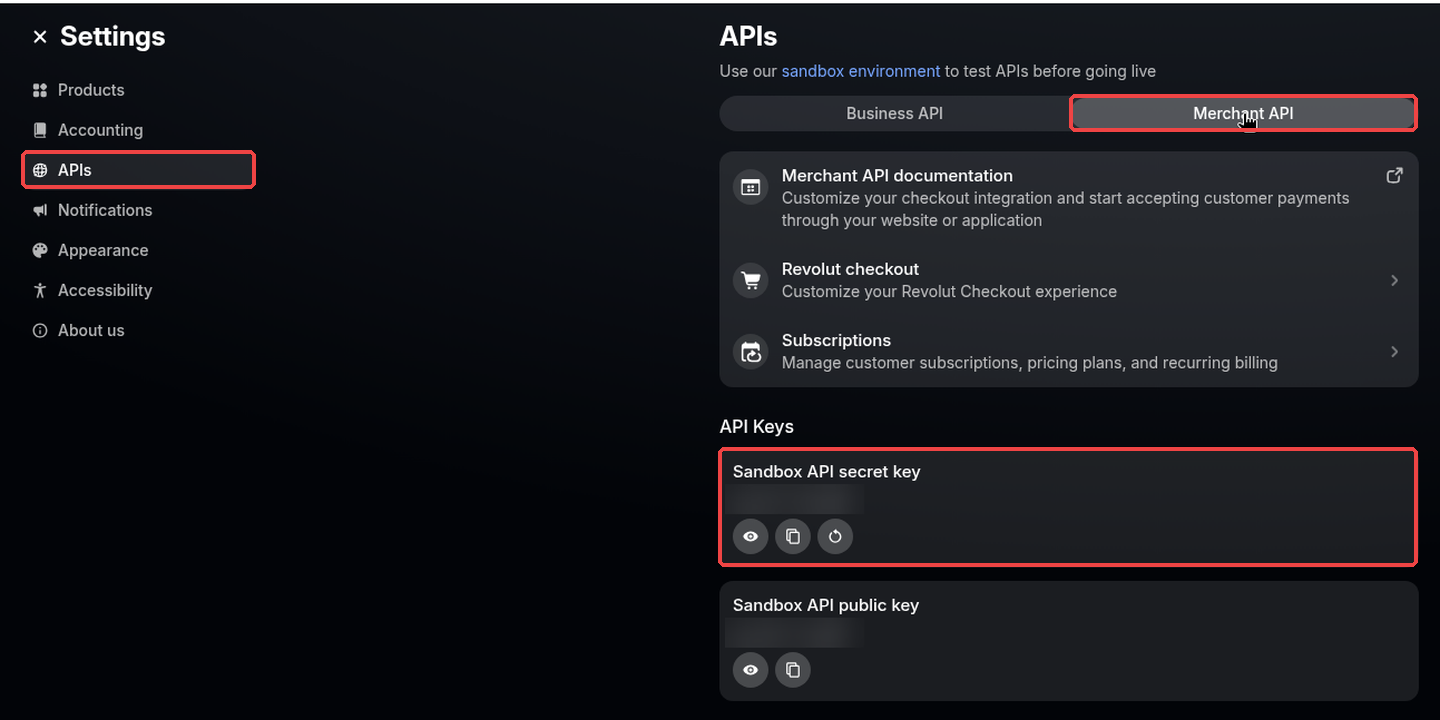 Revolut Merchant API keys