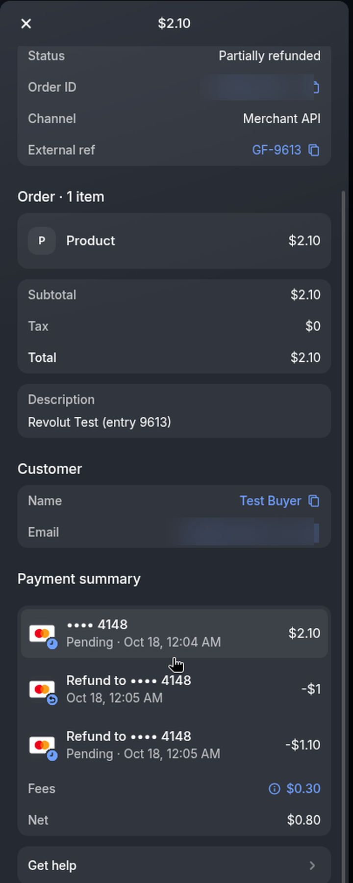 Revolut order detail with refunds