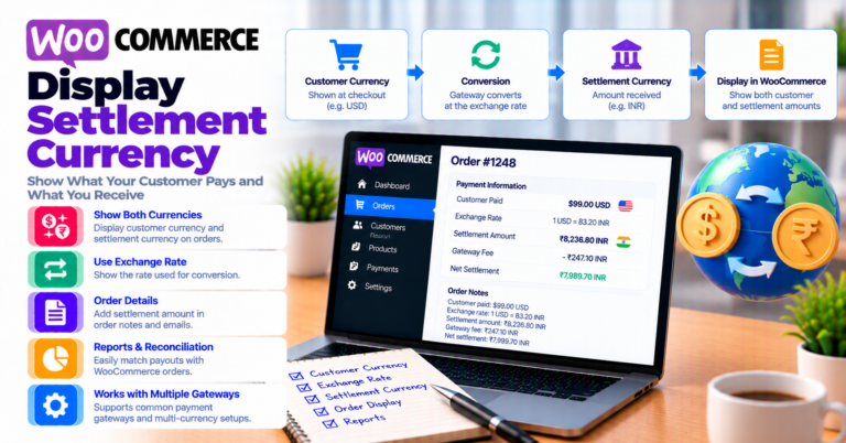 Display currency vs settlement currency on WooCommerce payments — WooCommerce payment infographic
