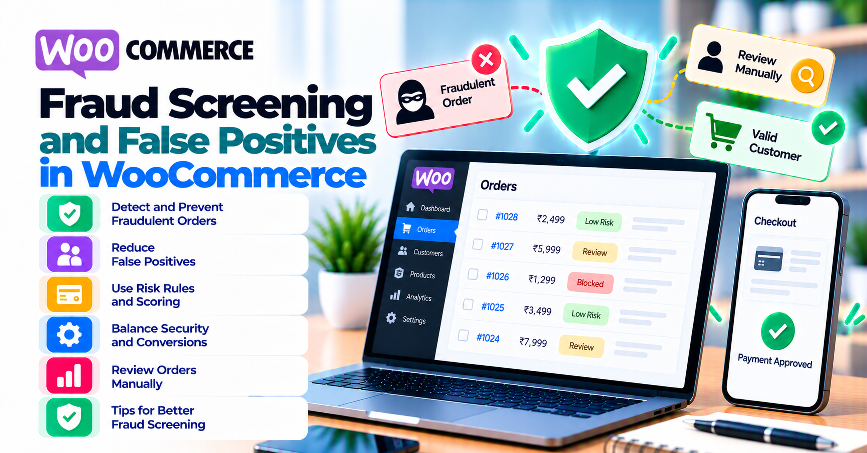 Fraud screening false positives on WooCommerce: AVS, CVV, and velocity without killing conversion — WooCommerce payment infographic