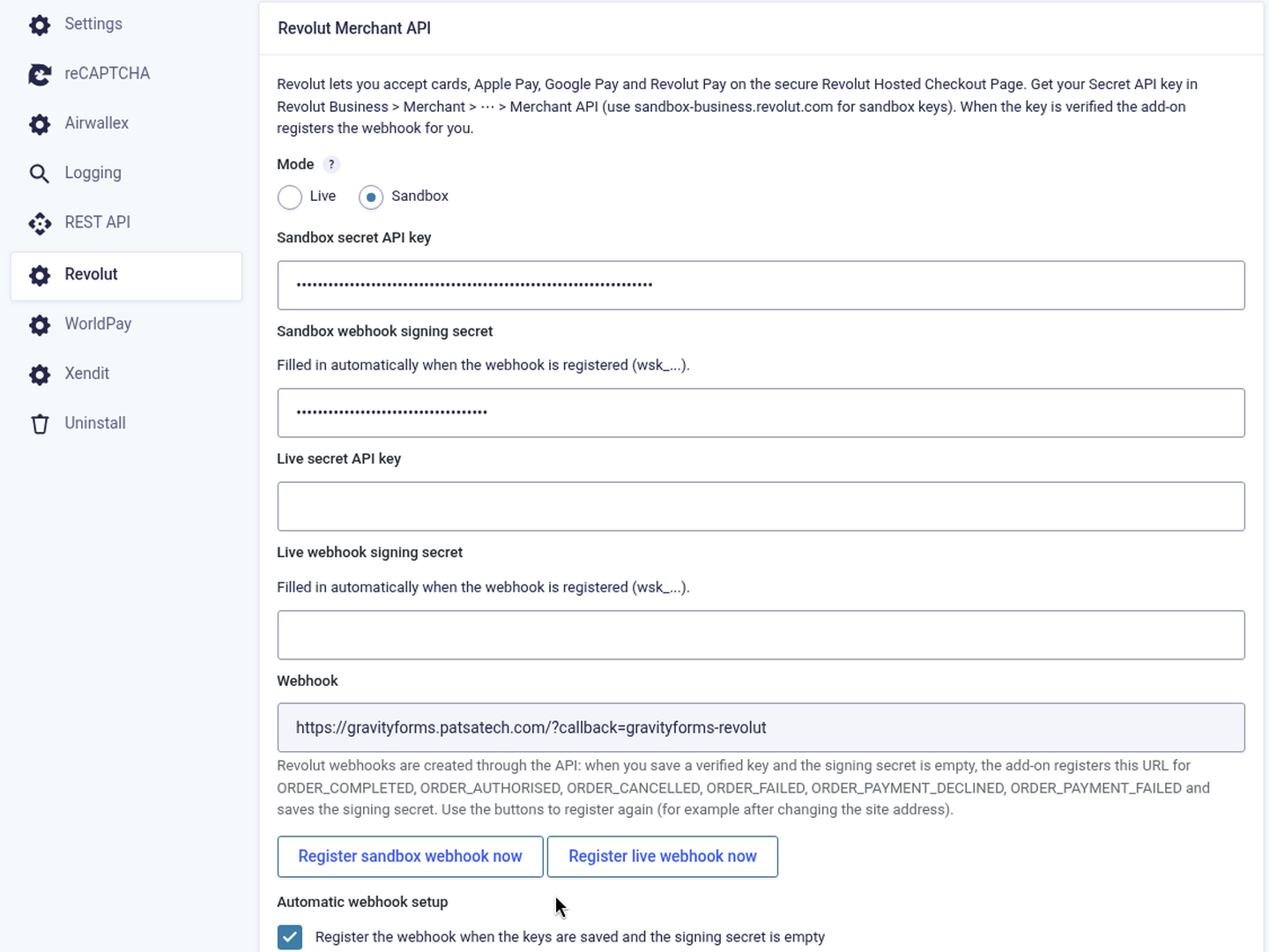 Revolut plugin settings