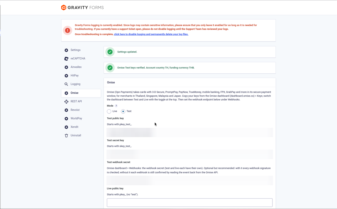 Omise add-on settings