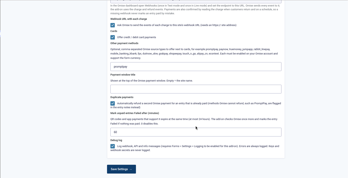 Omise add-on settings, payment window