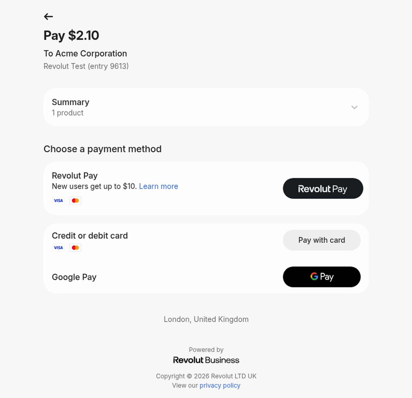 Revolut Hosted Checkout Page