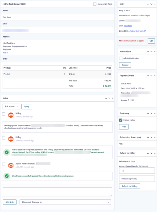 Gravity Forms entry marked Paid with HitPay notes and the Refund via HitPay box