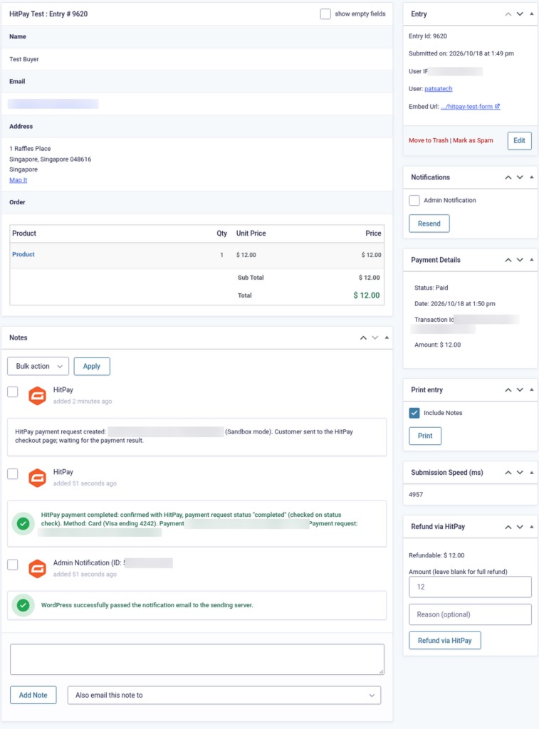 Gravity Forms entry marked Paid with HitPay notes and the Refund via HitPay box