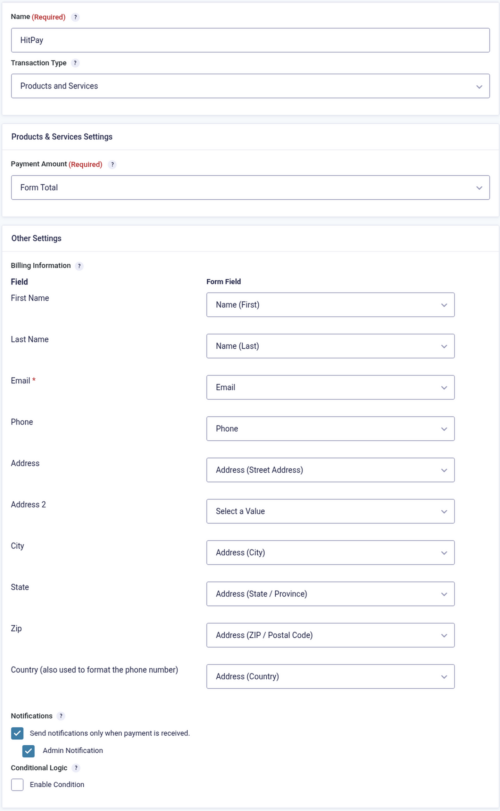 HitPay feed settings with billing fields and delayed notifications