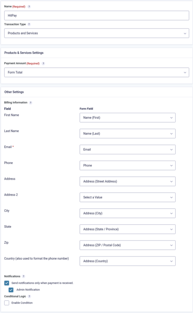 HitPay feed settings with billing fields and delayed notifications