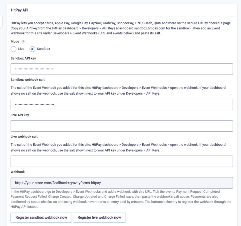 HitPay add-on settings in Gravity Forms: mode, API keys, webhook salts and webhook URL