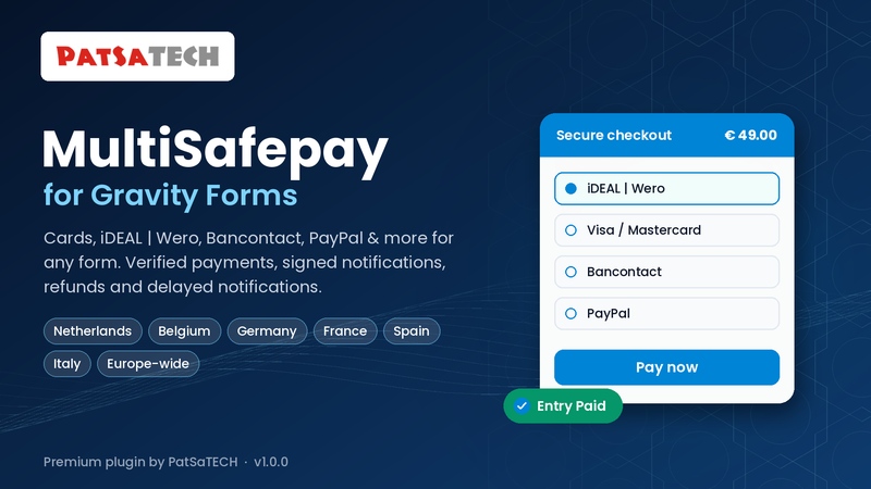 MultiSafepay Gateway for Gravity Forms by PatSaTECH: cards, iDEAL MultiSafepay Gateway for Gravity Forms by PatSaTECH: cards, iDEAL