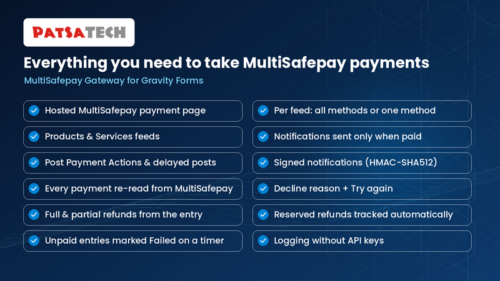 Features of the MultiSafepay Gravity Forms add-on: delayed notifications, signed notifications, refunds Features of the MultiSafepay Gravity Forms add on: delayed notifications, signed notifications, refunds