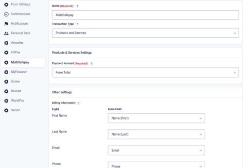 MultiSafepay feed settings with the payment method choice MultiSafepay feed settings with the payment method choice