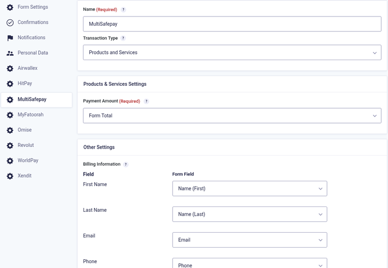 MultiSafepay feed settings with the payment method choice MultiSafepay feed settings with the payment method choice