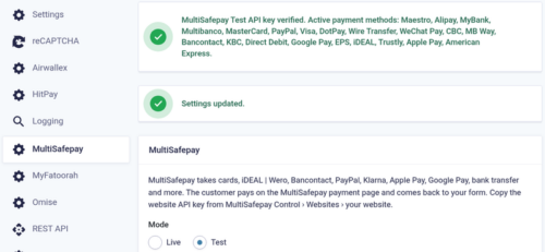 MultiSafepay add-on settings in Gravity Forms with the API key check MultiSafepay add on settings in Gravity Forms with the API key check