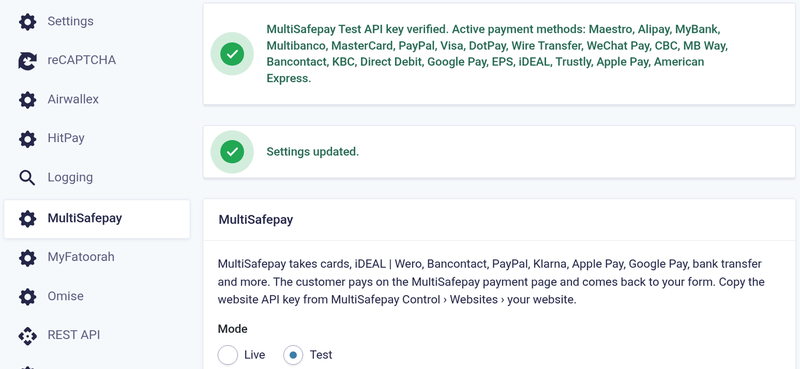 MultiSafepay add-on settings in Gravity Forms with the API key check MultiSafepay add-on settings in Gravity Forms with the API key check