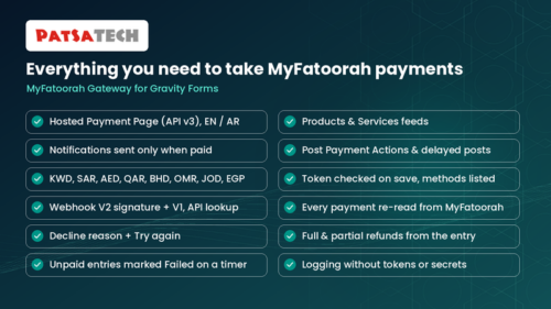 Features of the Gravity Forms MyFatoorah add-on: delayed notifications, signed webhooks, refunds Features of the Gravity Forms MyFatoorah add on: delayed notifications, signed webhooks, refunds