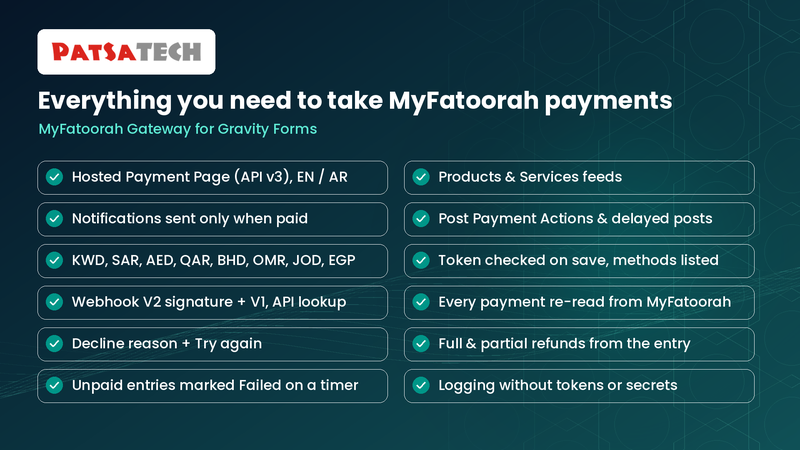 Features of the Gravity Forms MyFatoorah add-on: delayed notifications, signed webhooks, refunds Features of the Gravity Forms MyFatoorah add-on: delayed notifications, signed webhooks, refunds